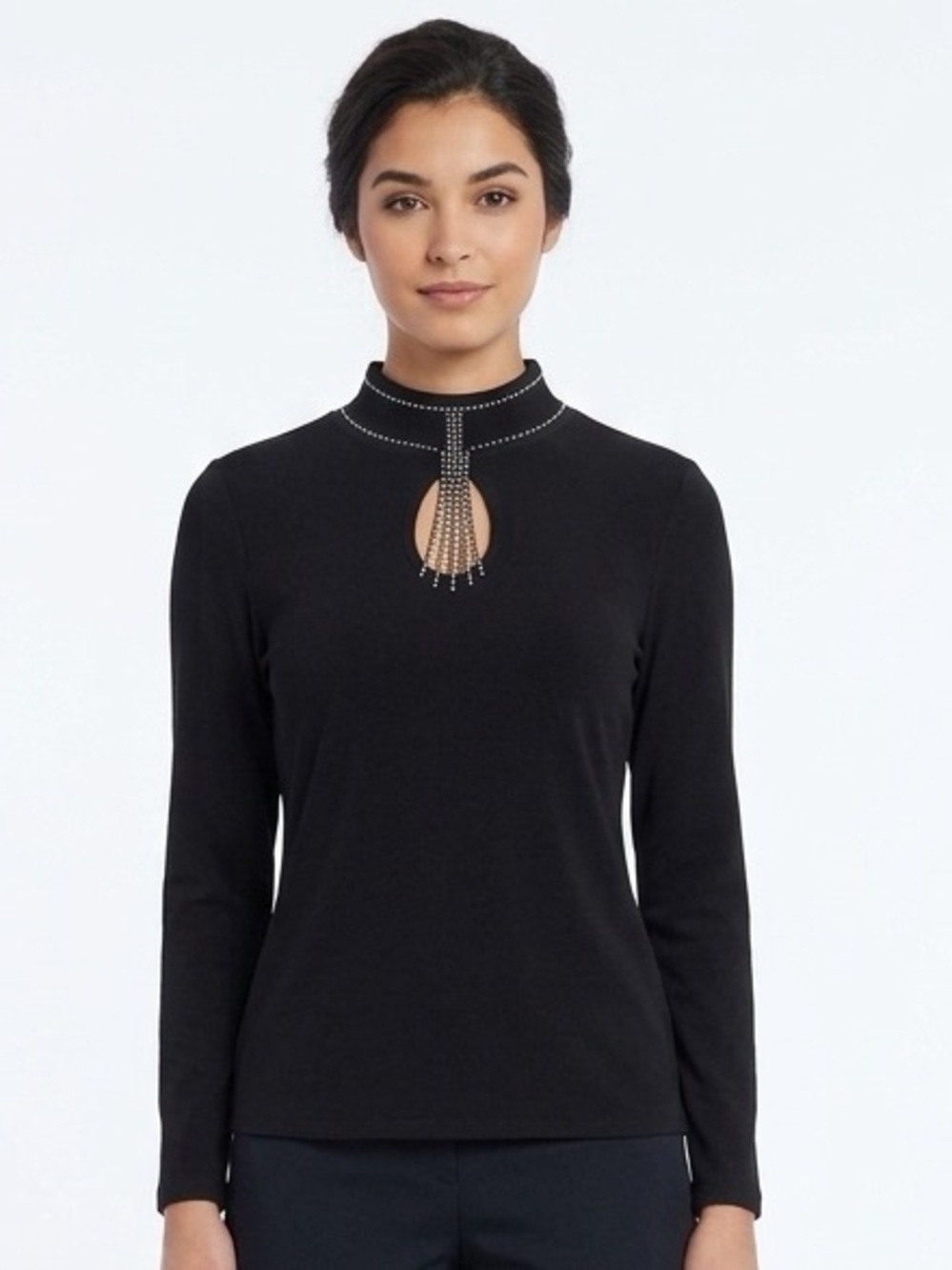 Belldini Black Cascading Rhinestone Keyhole Mock Neckline Knit Top Size L